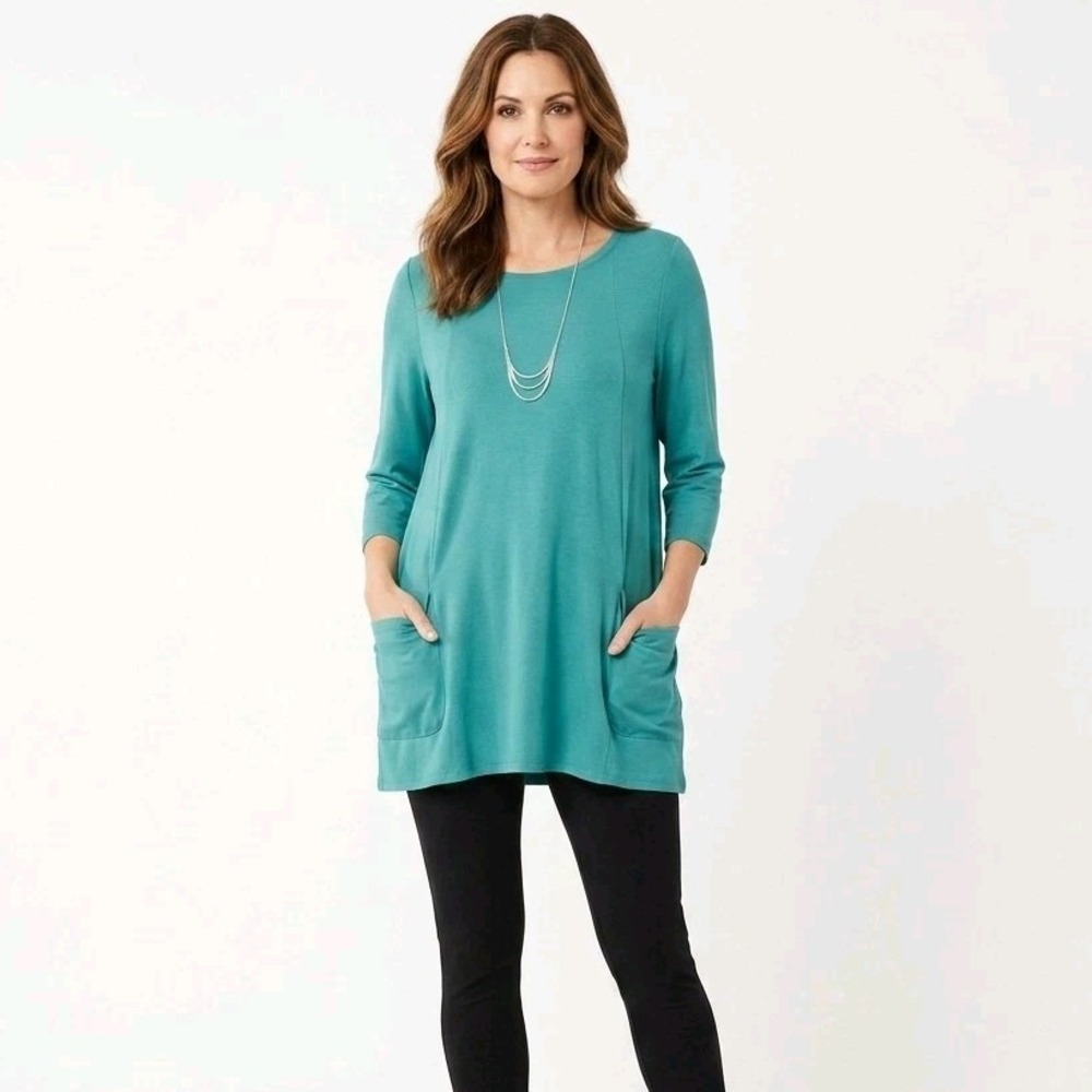 J Jill Pure Jill Tunic Top XL Petite XLP Teal Blue Knit Two Pocket Lagenlook NWT